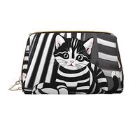Borsa per il trucco portatile in pelle di gattino a righe bianche e nere, grande, in pelle PVC, chiusura con cerniera, borsa da viaggio per articoli da toeletta, borsa da viaggio, bianca, taglia