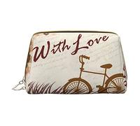 Borsa per il trucco portatile in pelle minimalista ed elegante, borsa per cosmetici stampata romantica per bicicletta sotto l'albero del cuore per ragazze e donne - Taglia piccola