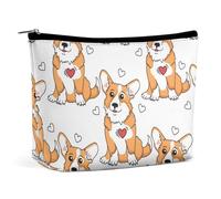 Borsa per il trucco portatile per le donne, borsa cosmetica essenziale da viaggio con cucciolo di Welsh Corgi e cuore, simpatico cane divertente, grande capacità, borsa per il trucco impermeabile