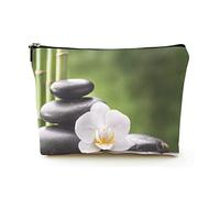 Borsa per il trucco Premium Borsa per cosmetici da viaggio in lino da donna, fiori bianchi e pietre zen, custodia cosmetica resistente