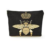 Borsa per il trucco Premium Borse per cosmetici da viaggio in lino da donna, calabrone con corona d' ricamata d'oro, custodia cosmetica resistente