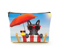 Borsa per il trucco Premium Borse per cosmetici da viaggio in lino da donna, cane bulldog francese su una sedia da spiaggia, custodia cosmetica resistente