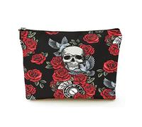 Borsa per il trucco Premium Borse per cosmetici da viaggio in lino da donna, carte orologio con uccelli teschio e rose rosse, custodia cosmetica resistente