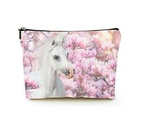 Borsa per il trucco Premium Borse per cosmetici da viaggio in lino da donna, cavallino bianco in albero di magnolia, custodia cosmetica resistente