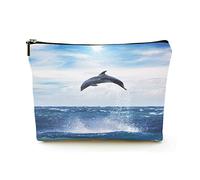 Borsa per il trucco Premium Borse per cosmetici da viaggio in lino da donna, delfino che salta sul mare, custodia cosmetica resistente