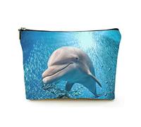 Borsa per il trucco Premium Borse per cosmetici da viaggio in lino da donna, delfino sott'acqua sull'oceano, custodia cosmetica resistente