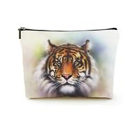 Borsa per il trucco Premium Borse per cosmetici da viaggio in lino da donna, Disegna una feroce testa di tigre, Custodia cosmetica resistente