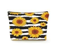 Borsa per il trucco Premium Borse per cosmetici da viaggio in lino da donna, girasoli su una custodia cosmetica resistente a strisce