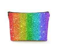 Borsa per il trucco Premium Borse per cosmetici da viaggio in lino da donna, glitter arcobaleno multicolore, custodia cosmetica resistente