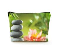 Borsa per il trucco Premium Borse per cosmetici da viaggio in lino da donna, gocce d'acqua e fiori e pietre zen, custodia cosmetica resistente