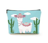 Borsa per il trucco premium Borse per cosmetici da viaggio in lino da donna, lama festiva o alpaca in un sombrero, custodia cosmetica resistente