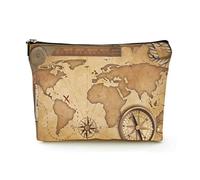 Borsa per il trucco Premium Borse per cosmetici da viaggio in lino da donna, mappa del tesoro vecchia bussola in ottone, custodia cosmetica resistente