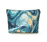 Borsa per il trucco Premium Borse per cosmetici da viaggio in lino da donna, marmo blu molto bello con polvere d'oro, custodia cosmetica resistente
