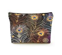 Borsa per il trucco Premium Borse per cosmetici da viaggio in lino da donna, piume di pavone dorate su una custodia cosmetica scura e resistente