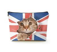 Borsa per il trucco Premium Borse per cosmetici da viaggio in lino da donna, Pussycat che strappa la bandiera Union Jack, custodia cosmetica resistente