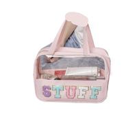 Borsa per il trucco Preppy Clear Travel Makeup Bags con lettere in ciniglia Toppe per roba Grande borsa trasparente per trucco con cerniera con manico Borsa per cosmetici, Roba, Taglia unica