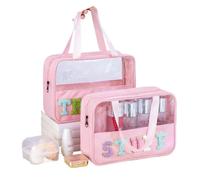 Borsa per il trucco Preppy Clear Travel Makeup Bags con lettere in ciniglia Toppe per roba Grande borsa trasparente per trucco con cerniera con manico Borsa per cosmetici, 2 pezzi misti, Taglia unica
