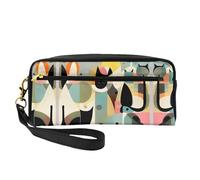 Borsa per il trucco riutilizzabile - Organizer da viaggio per il bagno, arte moderna della metà del secolo, gatto pieno stampato, piccola custodia in pelle da donna, colore nero, taglia unica, Nero ,
