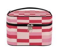 Borsa per il trucco, rosa rosso beige griglia grande capacità borsa da viaggio da donna con manico e corda fissa elastica portatile borsa per il trucco organizzatore, Rosa Rosso Beige Griglia, Misura