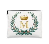 Borsa per il trucco Royal, elegante astuccio da viaggio con monogramma dorato per donne, piccola borsa portatile in tela con cerniera, borsa da toilette per la cura della pelle delle vacanze, bianco