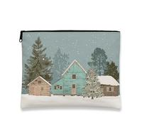 Borsa per il trucco rustica, borsa da viaggio per cosmetici con paesaggio invernale da donna, piccola borsa portatile in tela con cerniera, borsa da toilette per la cura della pelle delle vacanze, Blu