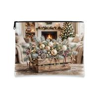 Borsa per il trucco rustica in pino e oro con ornamenti natalizi, 17,8 x | Ornamenti d'oro, Sacchetto della chiusura lampo del trucco, rami di pino, cassa di legno rustica, Sfondo interno accogliente