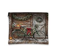 Borsa per il trucco rustica natalizia invernale con biciclette, 17,8 x 22,9 | Sfondo rustico per cabina, sacchetto con cerniera per trucco, decorazione con ghirlanda di pino, scena invernale di neve