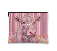 Borsa per il trucco scintillante con mucca, color pesca glitterata, borsa da viaggio per donne, piccola borsa portatile in tela con cerniera, regalo divertente organizer per la cura della pelle per
