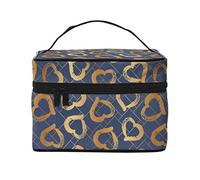 Borsa per il trucco Shining Golden Hearts, da viaggio cosmetici da donna e ragazza, grande organizer, toeletta portatile, blu indaco