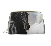 Borsa per il trucco stampata con cavalli neri e bianchi che corrono per le donne borsa da trucco in pelle portatile borsa da viaggio con cerniera organizer per cosmetici