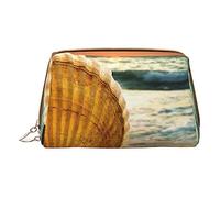 Borsa per il trucco stampata con conchiglie e sabbia, organizer da viaggio per pennelli cosmetici, custodia in pelle con cerniera, borsa da toilette per donne, bianca, taglia unica, bianco, Taglia