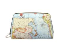 Borsa per il trucco stampata con drago giallo per le donne borsa da trucco in pelle portatile da viaggio con cerniera dorata borse cosmetiche organizer, Mappa del mondo., One Size, Astuccio per