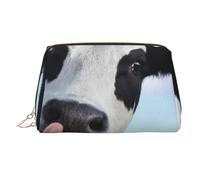 Borsa per il trucco stampata con figura geometrica argentata per le donne Borsa da trucco in pelle portatile da viaggio con cerniera dorata borse cosmetiche, Mucca carina sotto nuvole bianche, One