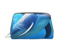 Borsa per il trucco stampata con figura geometrica argentata per le donne Borsa da trucco in pelle portatile da viaggio con cerniera dorata borse cosmetiche, Delfino carino., One Size, Astuccio per