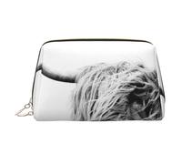 Borsa per il trucco stampata con figura geometrica argentata per le donne Borsa da trucco in pelle portatile da viaggio con cerniera dorata borse cosmetiche, Ritratto di una mucca delle Highland, One