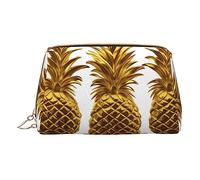 Borsa per il trucco stampata con sfondo dorato con ananas da viaggio, organizer per pennelli cosmetici, custodia in pelle con cerniera, borsa da toilette per donne, bianca, taglia unica, bianco,
