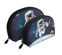 Borsa per il trucco stampata con sistema di pianeti cosmici astronauti spaziali 2 pezzi portatile Shell Travel Toiletry Bag, bianco, Taglia unica