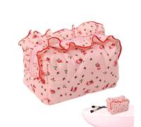 Borsa per il trucco trapuntata - organizzatore floreale arricciato, borsa cosmetica con chiusura lampo, borsa cosmetica portatile per la cura della pelle - borsa per la toilette da viaggio per ragazze