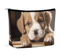 Borsa per il trucco, trousse da viaggio per cosmetici, astuccio organizer per il trucco con stampa di un cagnolino con libro, pochette con ampia apertura, accessori da viaggio essenziali, articoli da