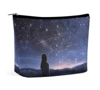 Borsa per il trucco, trousse da viaggio per cosmetici, astuccio organizer per il trucco con stampa di una ragazza che guarda le stelle, pochette con ampia apertura, accessori da viaggio essenziali, ar