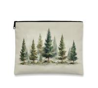Borsa per il trucco verde foresta, borsa da viaggio per cosmetici con albero di pino acquerello per donne, piccola borsa portatile in tela con cerniera, borsa da toilette invernale per la cura della