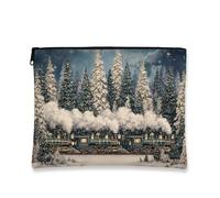 Borsa per il trucco vintage a forma di treno, borsa da viaggio rustica invernale per donne, piccola borsa portatile in tela con cerniera, borsa da toilette per la cura della pelle delle vacanze, Verde