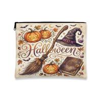 Borsa per il trucco vintage a tema strega di Halloween Jack-o-lantern, 18 x | Vintage Witch Estetic, Borsa cosmetica, Libro degli incantesimi e scopa, Accenti di fogliame autunnale