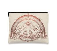 Borsa per il trucco vintage con scena del presepe, borsa da viaggio rustica natalizia per donne, organizer portatile in tela con cerniera, Crema, 7x9 Inch, Presepe