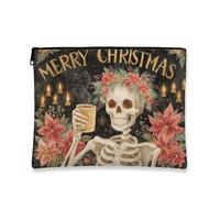Borsa per il trucco vintage con scheletro artistico, borsa da viaggio per cosmetici, da donna, piccola borsa portatile in tela con cerniera, borsa da toilette per le vacanze, nero, 7x9 Inch, Schelet