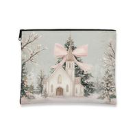 Borsa per il trucco vintage da chiesa, con fiocco di pesca, borsa da viaggio invernale per donne, piccola borsa portatile in tela con cerniera, borsa da toilette natalizia per la cura della pelle