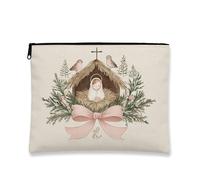 Borsa per il trucco vintage della natività, borsa per cosmetici rustica natalizia da donna, organizer portatile in tela con cerniera, borsa da toilette per la cura della pelle delle vacanze, Beige