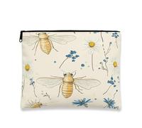 Borsa per il trucco vintage floreale, borsa da viaggio per cosmetici con api e crisantemi, piccola borsa portatile in tela con cerniera, borsa da toilette primaverile per la cura della pelle, 17,8 x