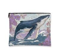 Borsa per il trucco vintage floreale, borsa da viaggio per cosmetici, design balena, organizer portatile in tela con cerniera, borsa da toilette primaverile per la cura della pelle, Blu, 7x9 Inch