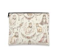 Borsa per il trucco vintage floreale, borsa da viaggio per cosmetici Royal Cats da donna, organizer portatile in tela con cerniera, ideale per la cura della pelle invernale, Crema, 7x9 Inch, Gatti